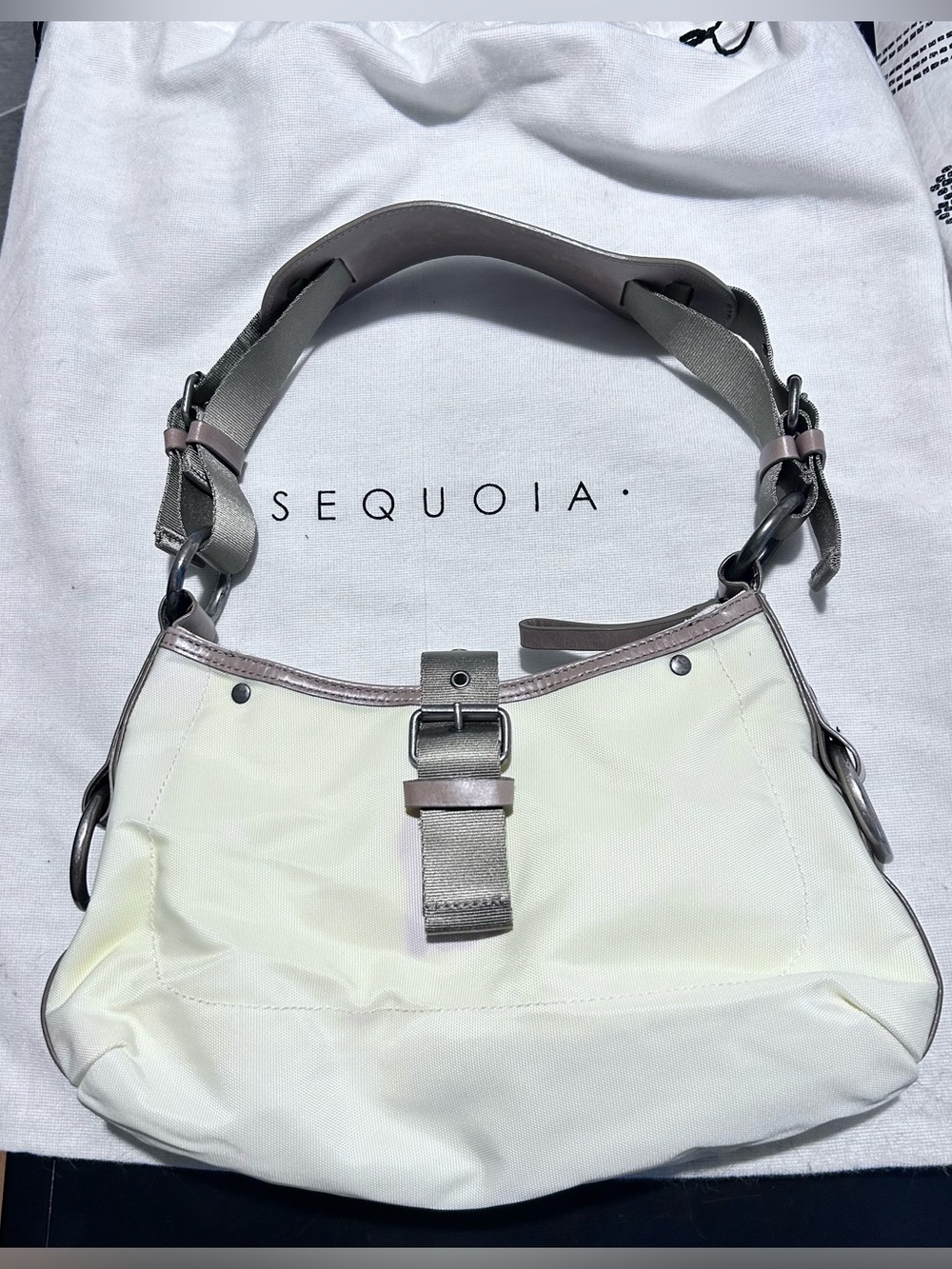 Sequoia Cream Microfiber Shoulder Bag with Taupe Leather Trim
